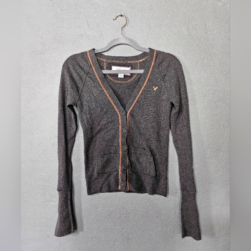 Vintage American Eagle Gray w/ Gold Accents Tight Fitted Cardigan.